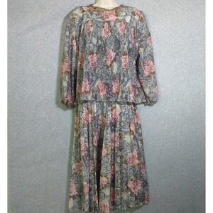 Vintage 80s MCS LTD Roses Print Blouson Pleated Midi Dress 22 Modest Cottage Y2K